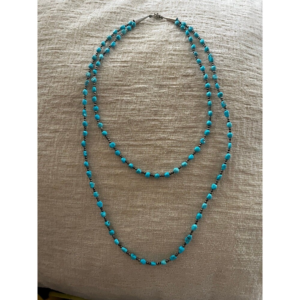 Vintage Genuine Turquoise Sterling Silver 2 strand bead necklace Native American